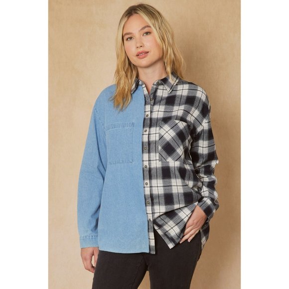 Entro Denim & Plaid Long Sleeve Top - Picture 2 of 9